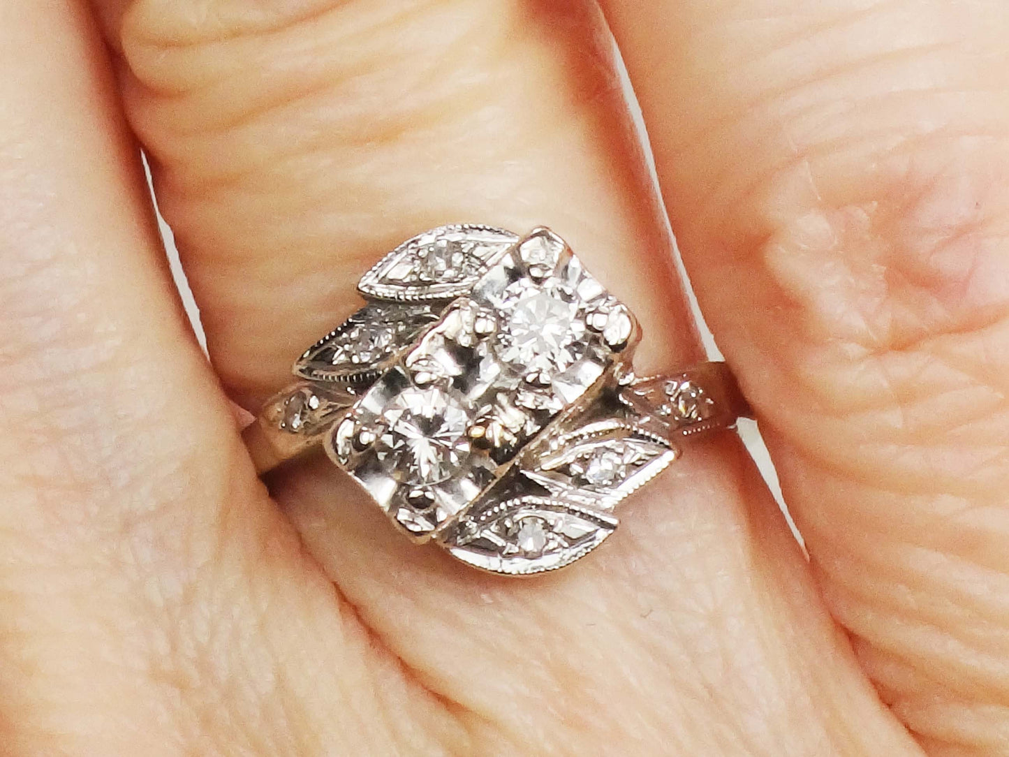 Vintage 14k Diamond Toi et Moi Ring Two Stone White Gold Natural Diamond Ring Approximately .36 Carat TDW Anniversary Ring