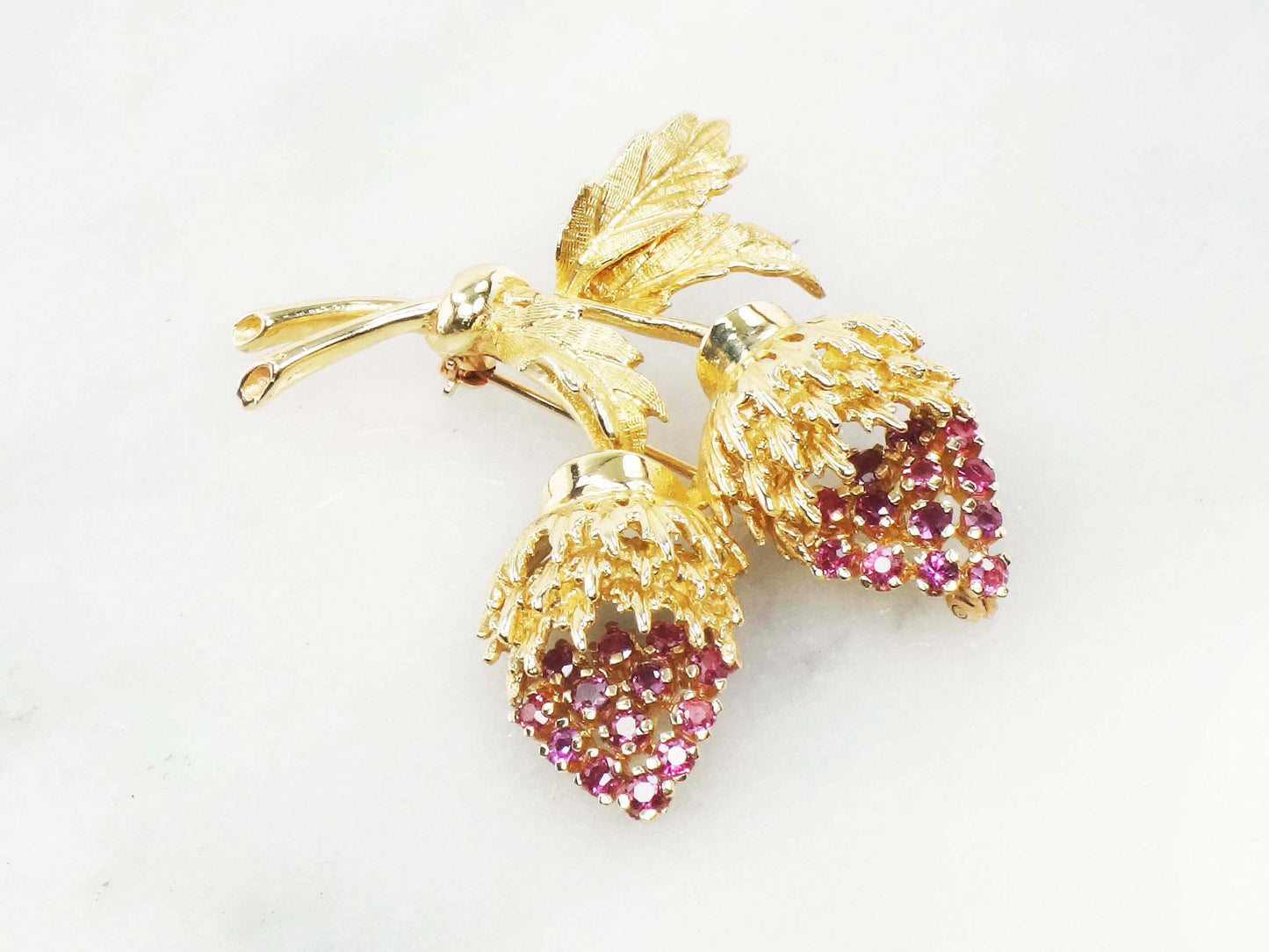 14k Yellow Gold Natural Ruby Strawberries Pin Large Jeweled Pin - Vintage Gold Brooch