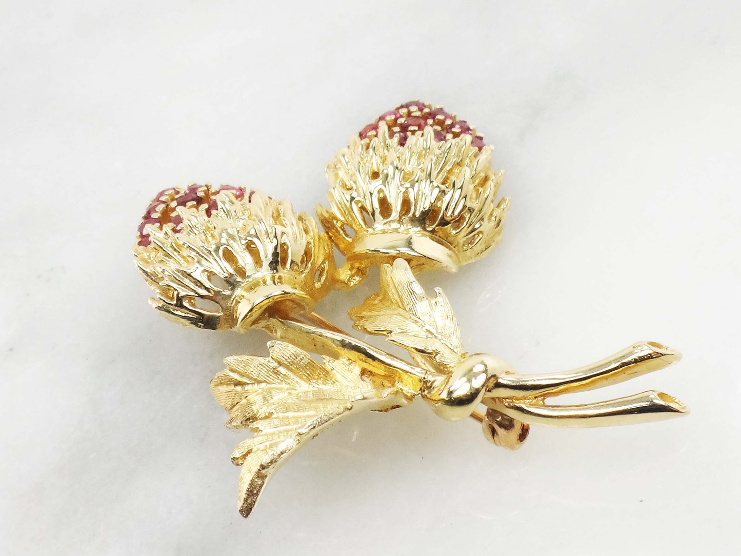 14k Yellow Gold Ruby Strawberries Pin - Vintage Jeweled Brooch