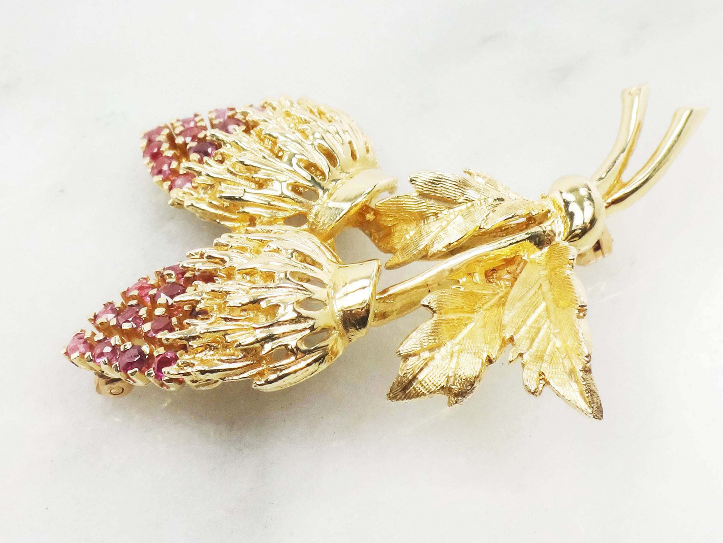 14k Yellow Gold Natural Ruby Strawberries Pin Large Jeweled Pin - Vintage Gold Brooch
