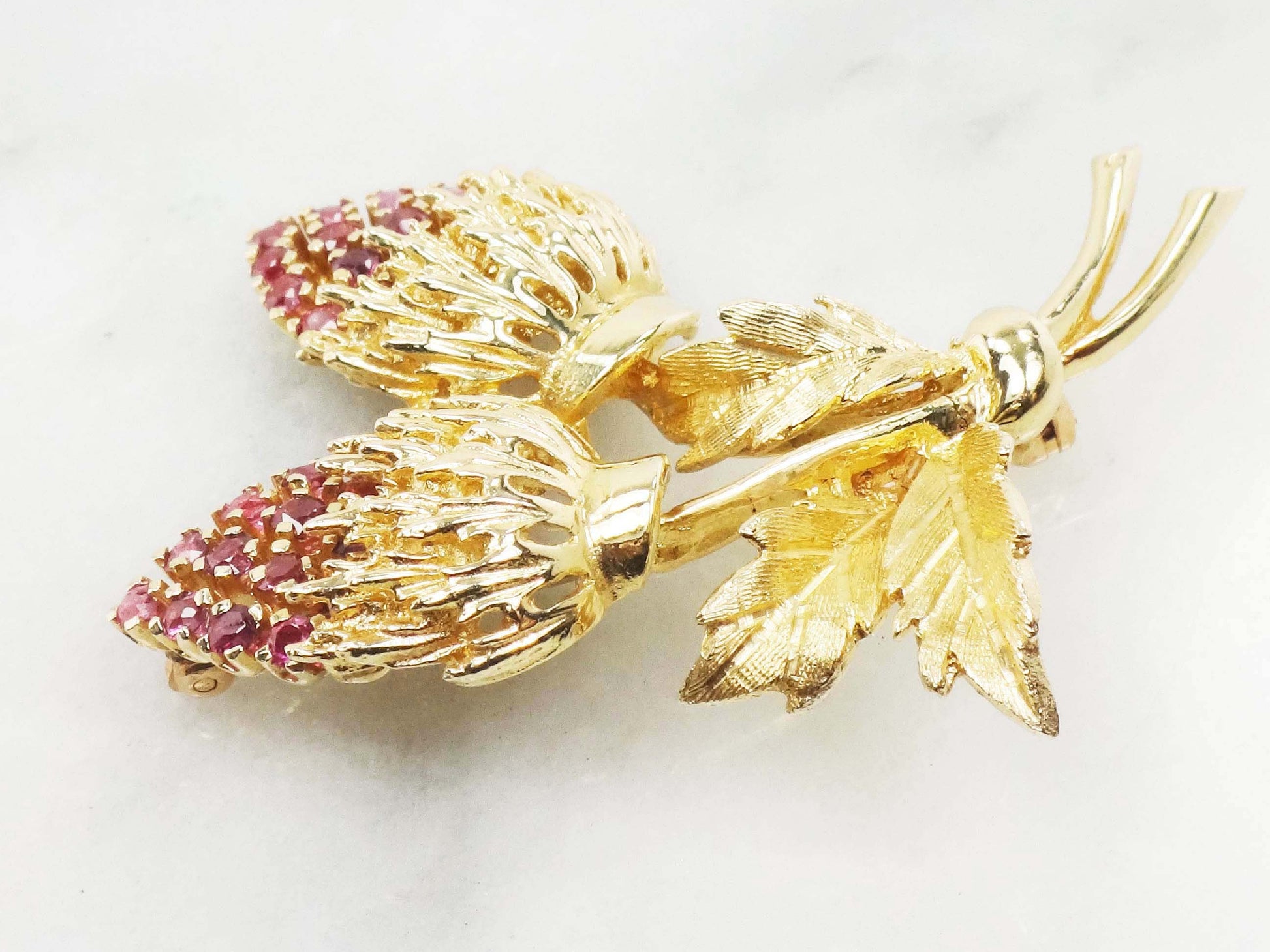 14k Yellow Gold Ruby Strawberries Pin - Vintage Jeweled Brooch