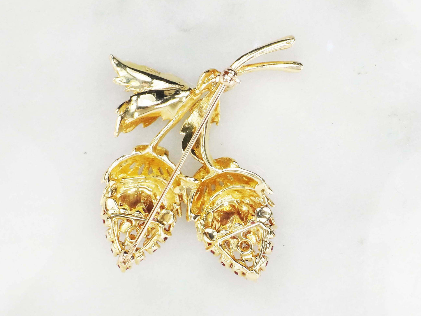 14k Yellow Gold Natural Ruby Strawberries Pin Large Jeweled Pin - Vintage Gold Brooch
