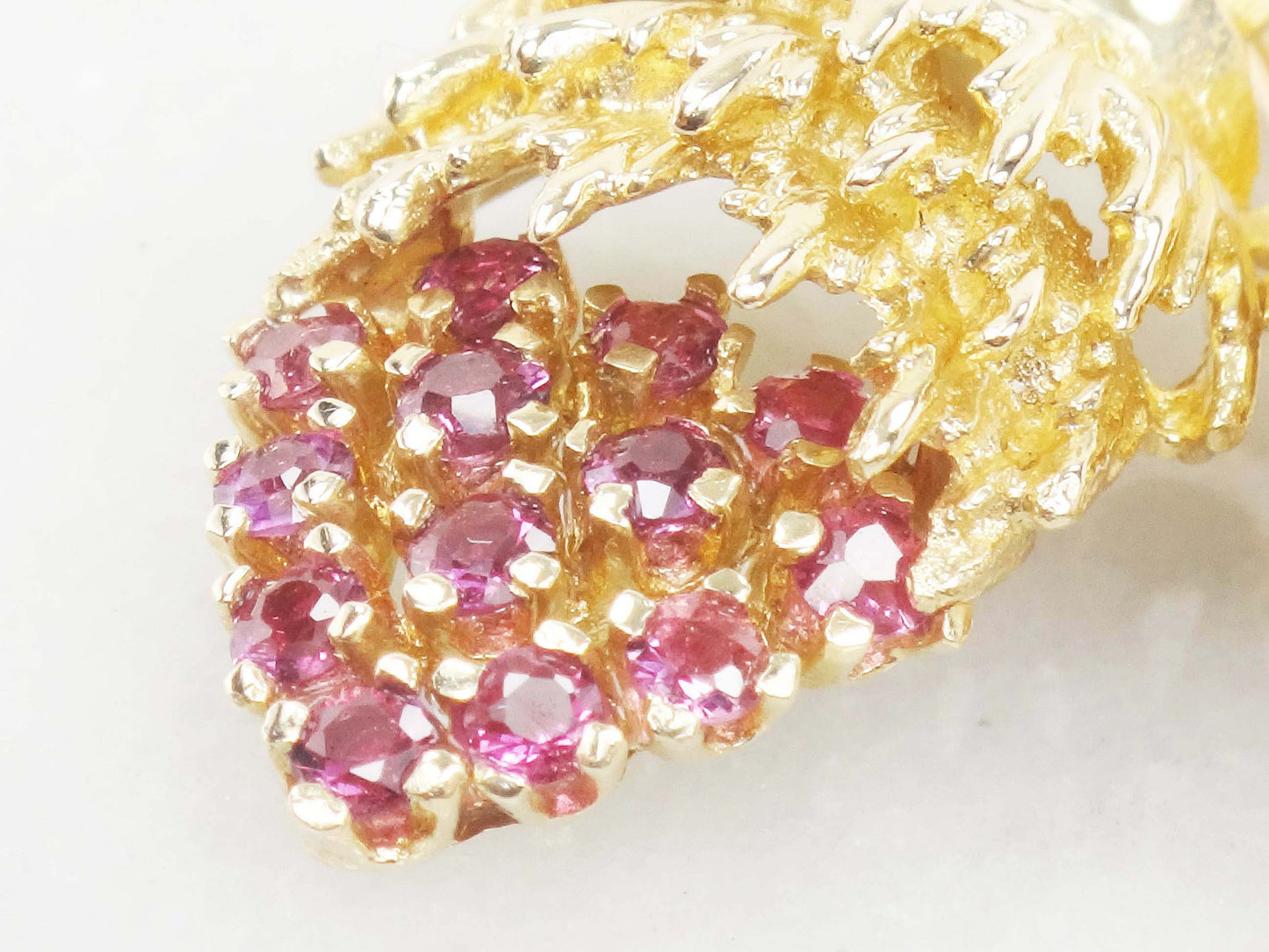 14k Yellow Gold Natural Ruby Strawberries Pin Large Jeweled Pin - Vintage Gold Brooch