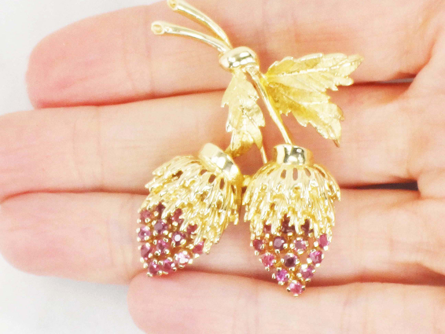 14k Yellow Gold Natural Ruby Strawberries Pin Large Jeweled Pin - Vintage Gold Brooch