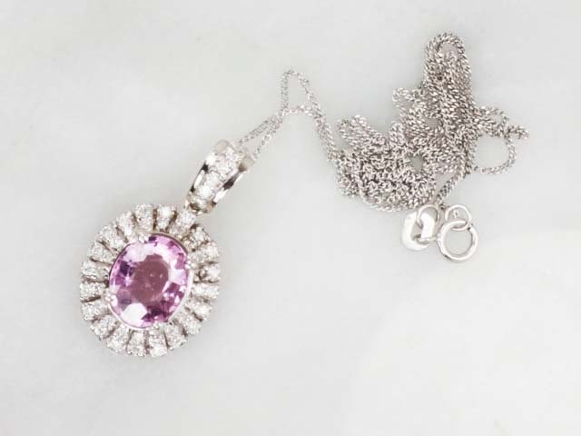 Vintage 14k White Gold Diamond and Pink Tourmaline Pendant Necklace 18"