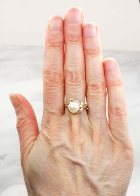 Vintage 14k Yellow Gold Cultured Pearl Diamond Ring Large 8 mm Pearl Ring - Bridal Ring - Size 6.25