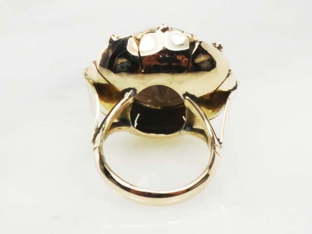 Vintage Large 14k Yellow Gold Floral Smoky Quartz Ring Round Brown Stone Ring Approx. 20 CTS Size 6.25
