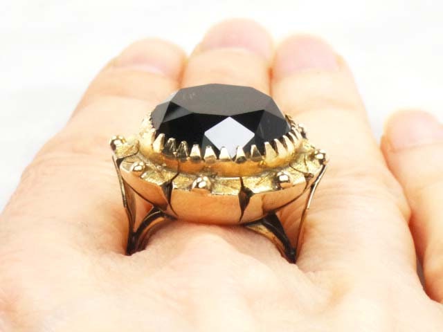 Vintage Large 14k Yellow Gold Floral Smoky Quartz Ring Round Brown Stone Ring Approx. 20 CTS Size 6.25