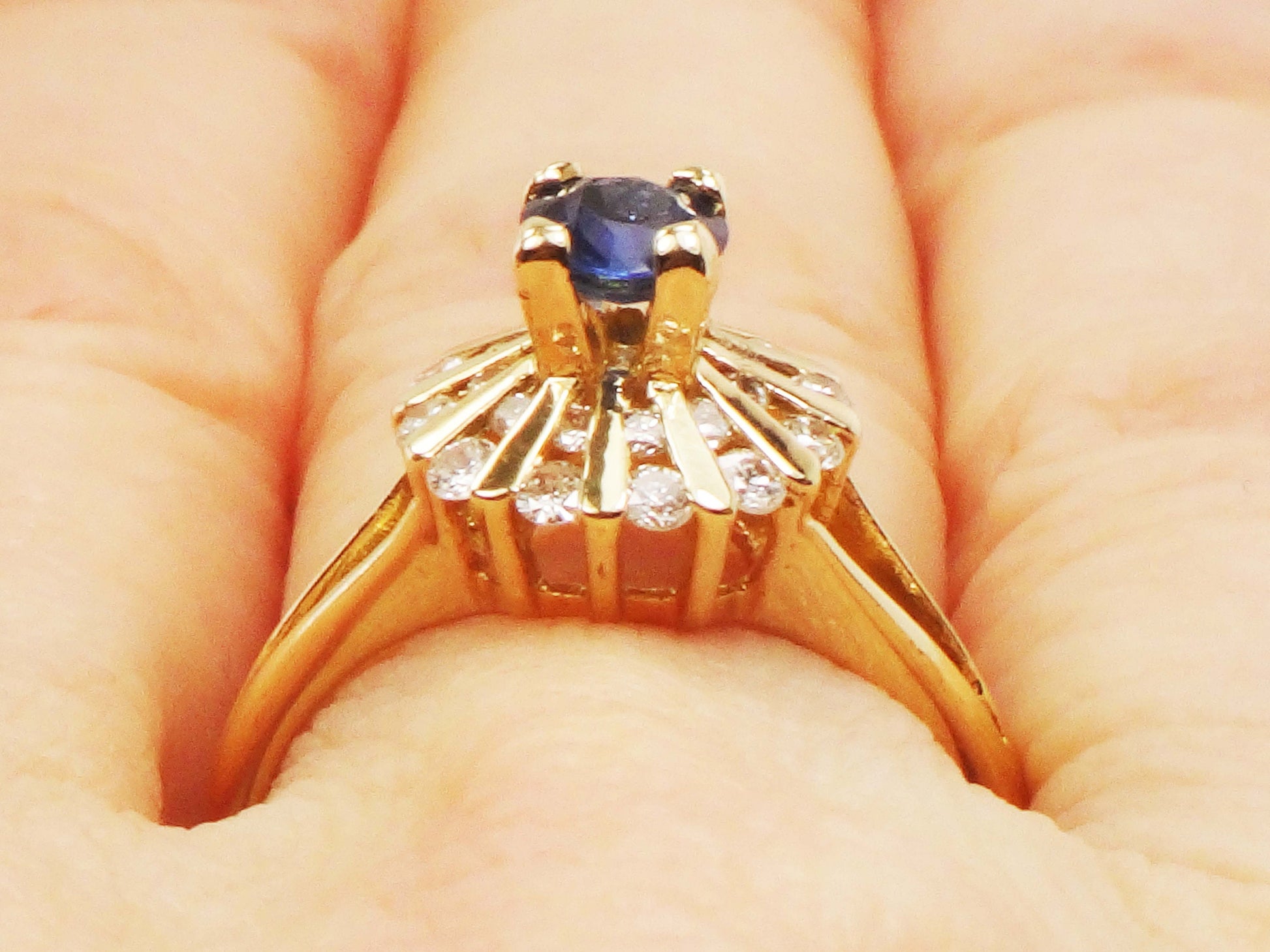 Vintage 14k Yellow Gold Natural Blue Sapphire Diamond Ring, September Birthstone Ring Size 6.5