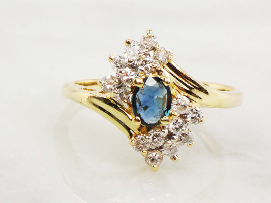Vintage 14k Natural Blue Sapphire Diamond Ring, Oval September Birthstone Ring Size 8