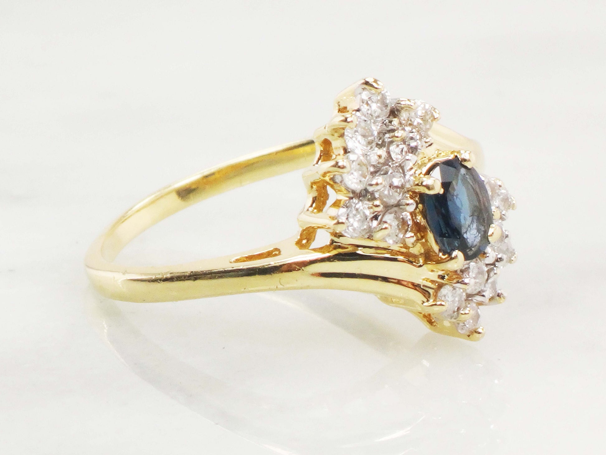 Vintage 14k Natural Blue Sapphire Diamond Ring, Oval September Birthstone Ring Size 8