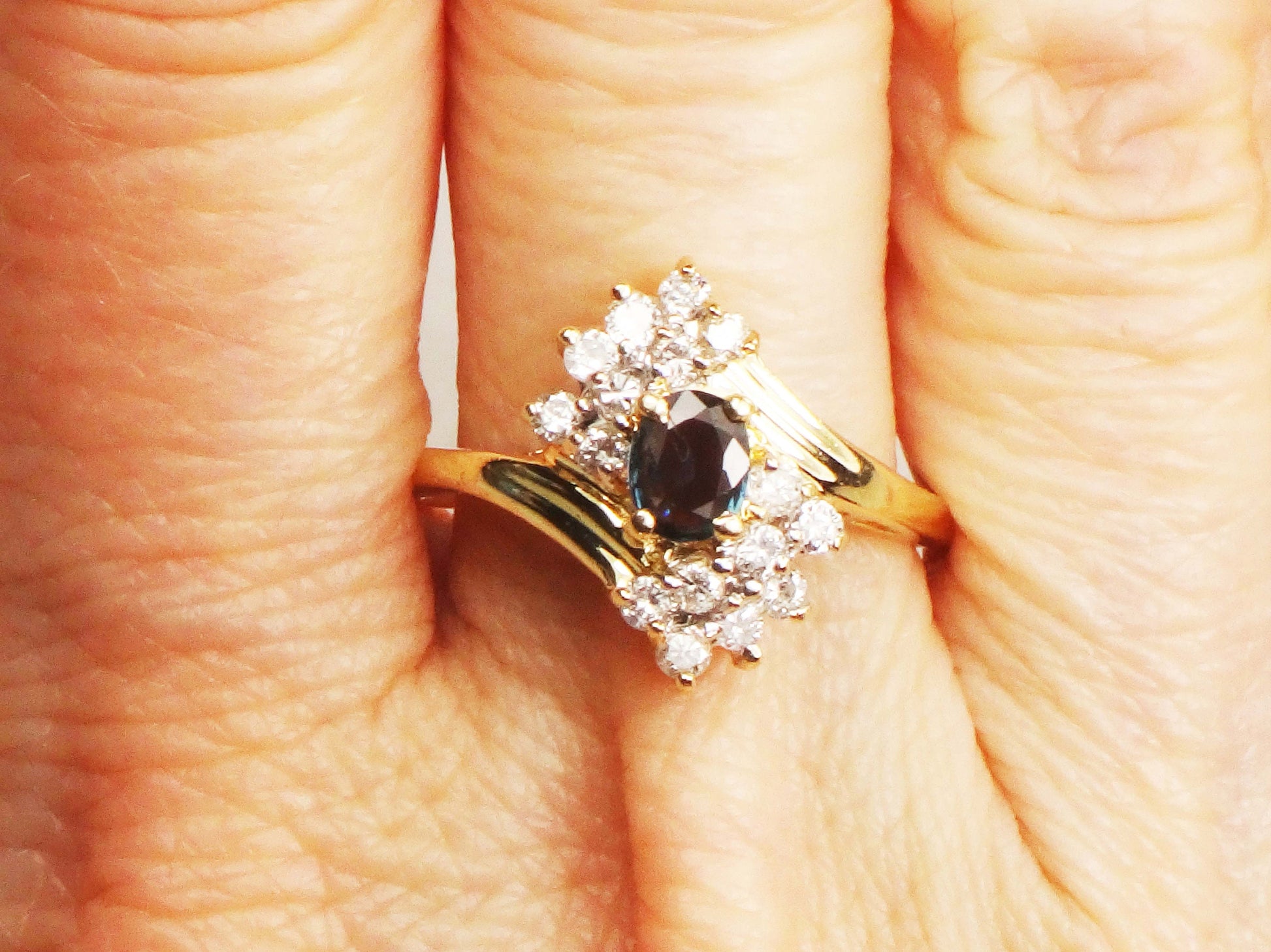 Vintage 14k Natural Blue Sapphire Diamond Ring, Oval September Birthstone Ring Size 8