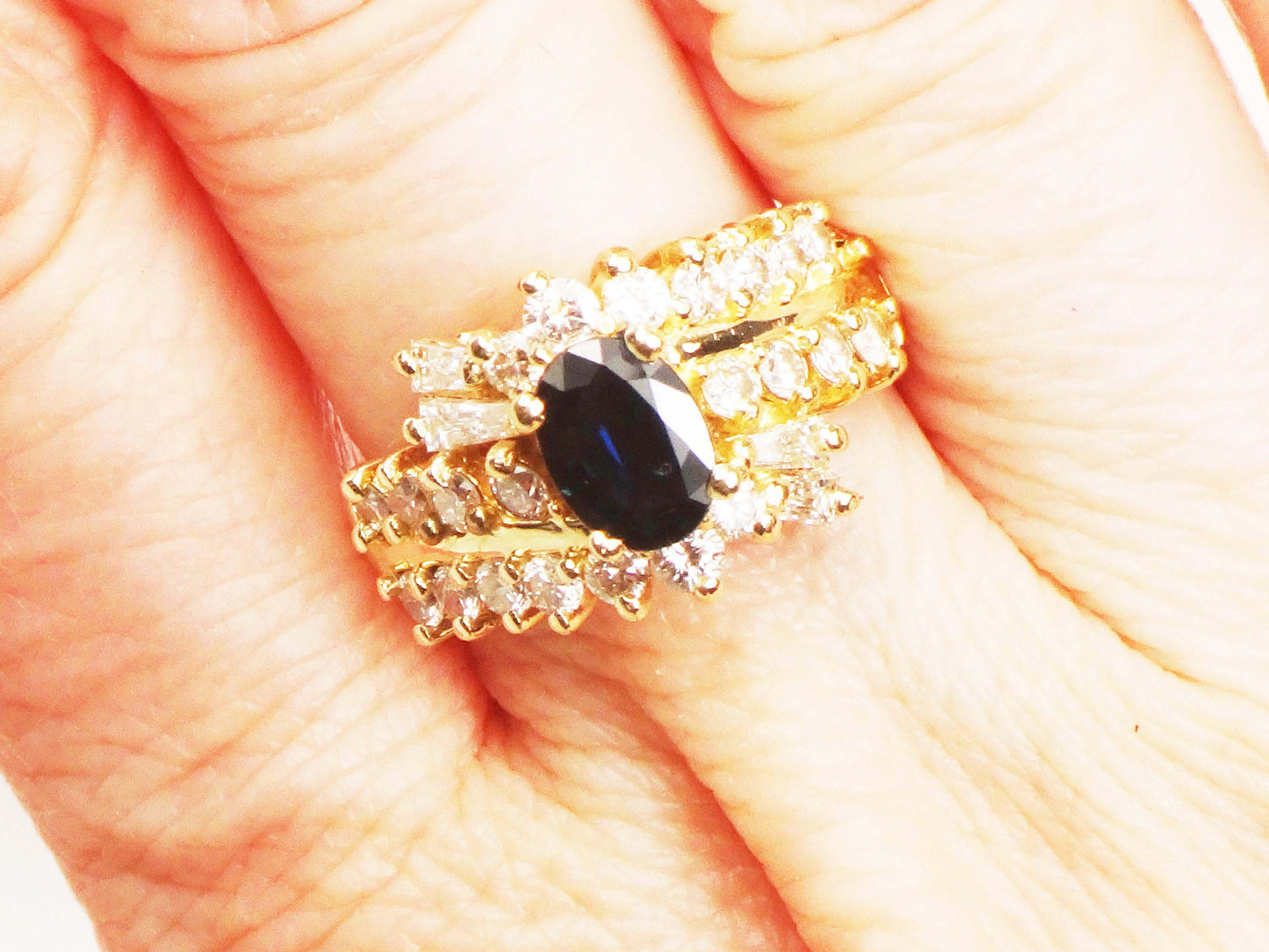 Natural Blue Sapphire and Diamond Ring - Vintage 14k Yellow Gold Oval Blue September Birthstone - Size 5.5 - Circa 1990's