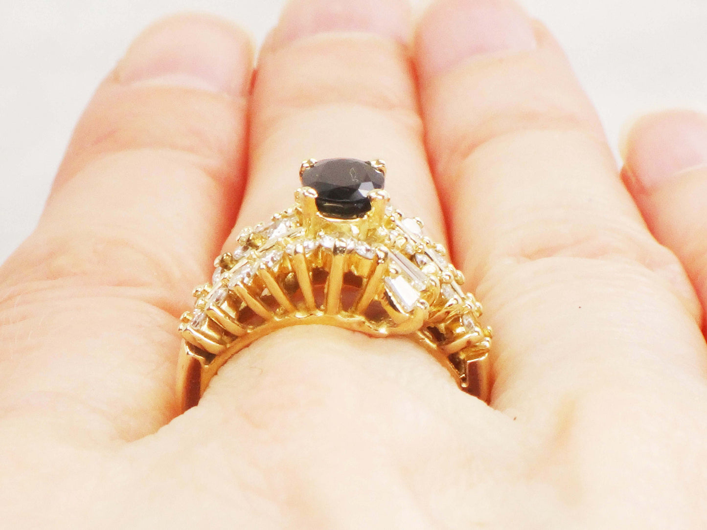 Natural Blue Sapphire and Diamond Ring - Vintage 14k Yellow Gold Oval Blue September Birthstone - Size 5.5 - Circa 1990's