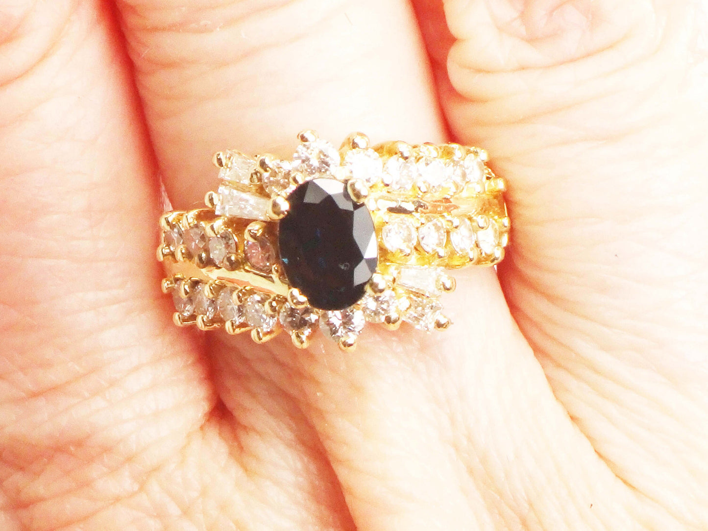 Natural Blue Sapphire and Diamond Ring - Vintage 14k Yellow Gold Oval Blue September Birthstone - Size 5.5 - Circa 1990's