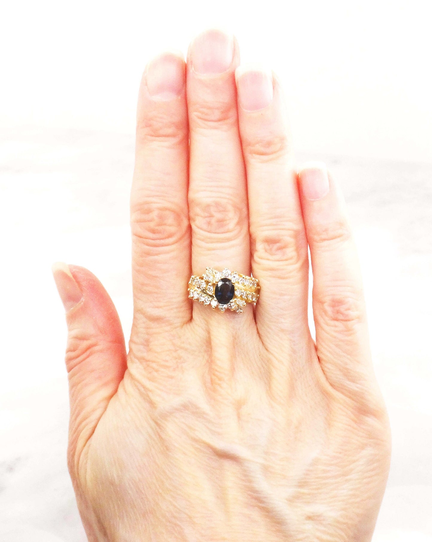 Natural Blue Sapphire and Diamond Ring - Vintage 14k Yellow Gold Oval Blue September Birthstone - Size 5.5 - Circa 1990's