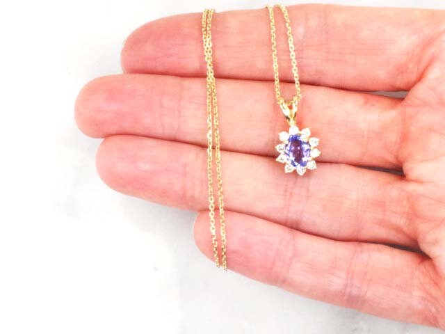 Vintage 14k Tanzanite Diamond Halo Pendant Necklace - 18"