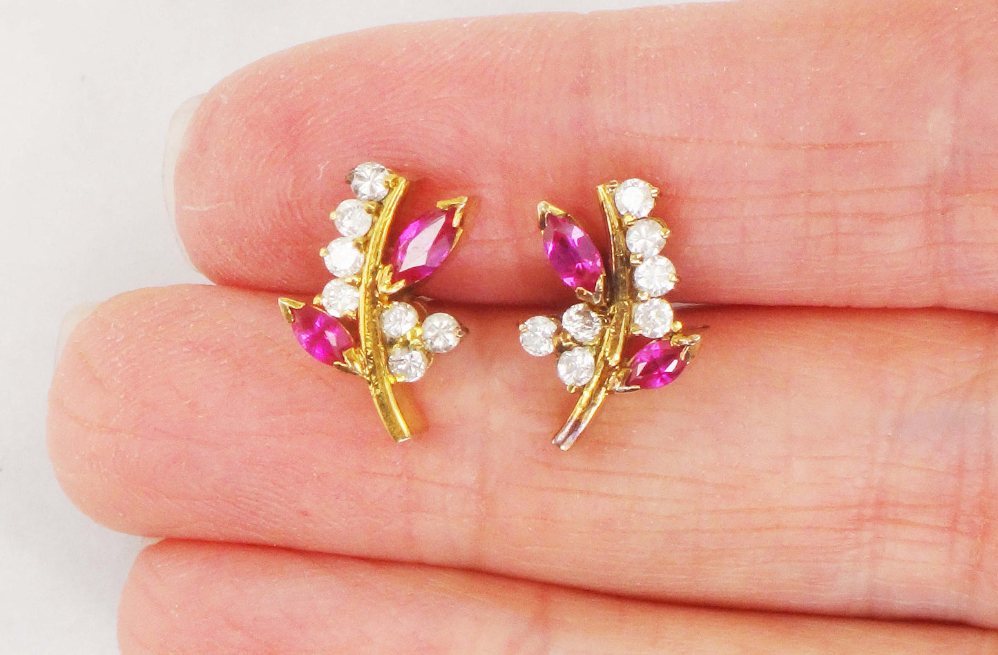 Vintage 14k Yellow Gold Ruby and Diamond Earrings, Fancy Floral Stud Earrings with July Birthstone