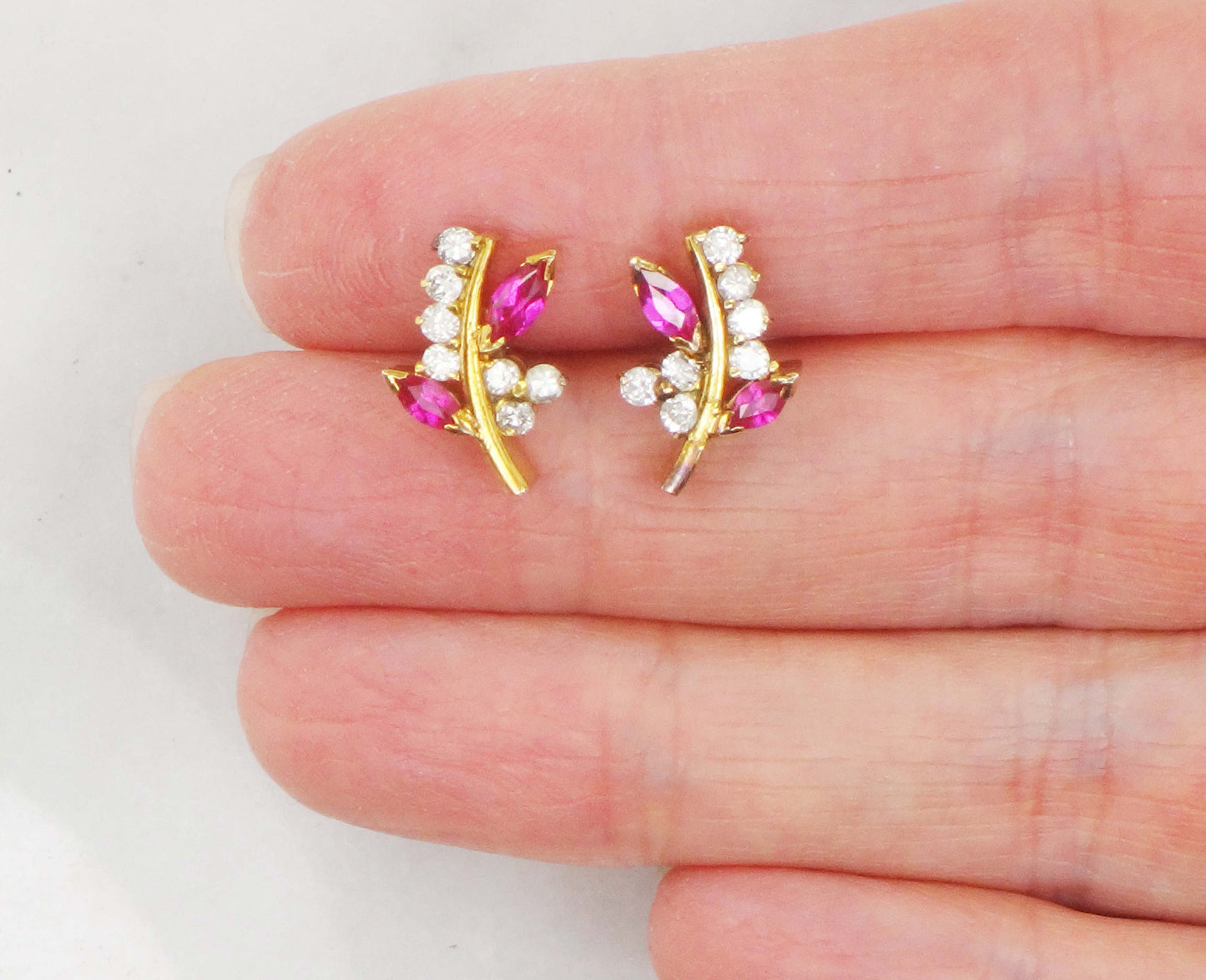 Vintage 14k Yellow Gold Ruby and Diamond Earrings, Fancy Floral Stud Earrings with July Birthstone