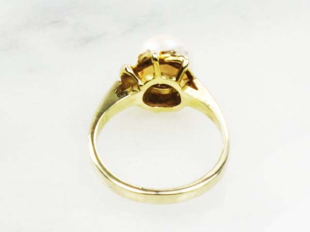Vintage 14k Yellow Gold Cultured Pearl Diamond Ring Large 8 mm Pearl Ring - Bridal Ring - Size 6.25