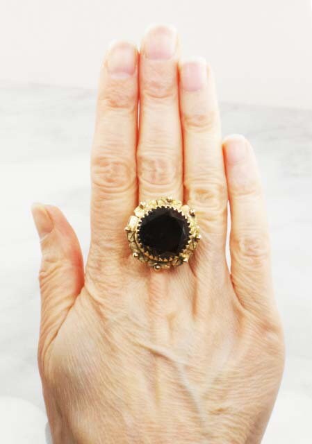 Vintage Large 14k Yellow Gold Floral Smoky Quartz Ring Round Brown Stone Ring Approx. 20 CTS Size 6.25
