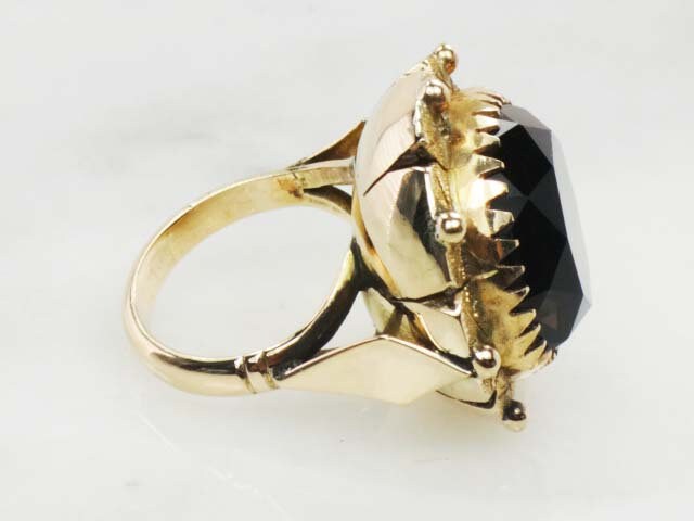 Vintage Large 14k Yellow Gold Floral Smoky Quartz Ring Round Brown Stone Ring Approx. 20 CTS Size 6.25