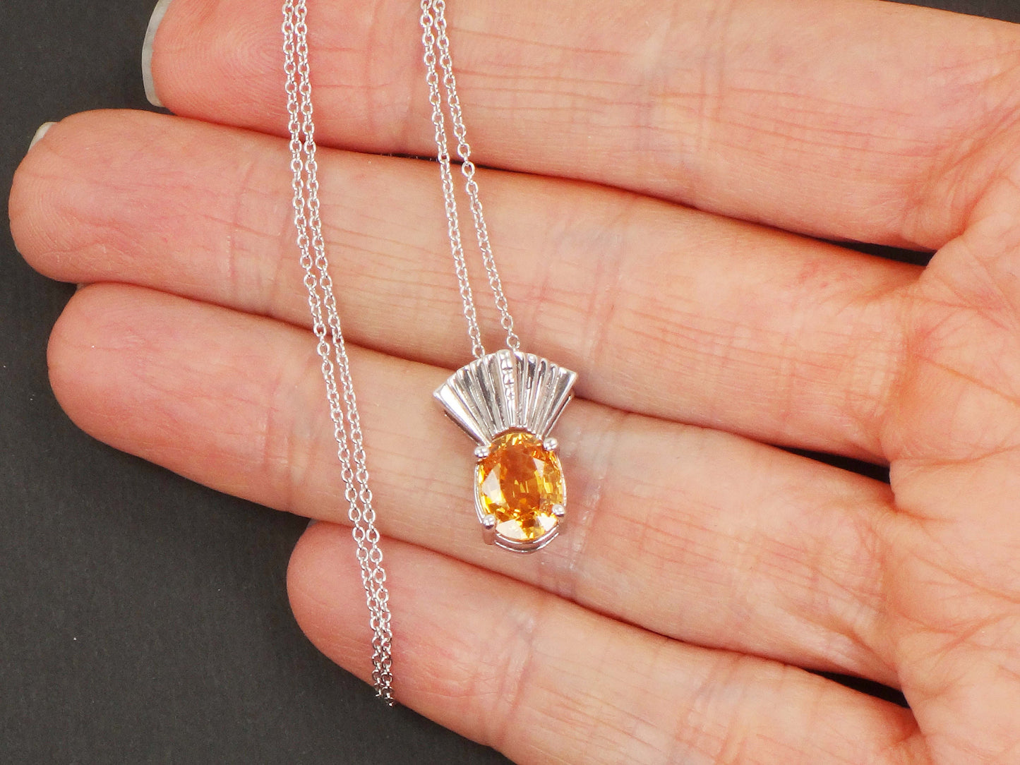 Vintage 14k White Gold Natural Golden Citrine Necklace 18" Chain - November Birthstone