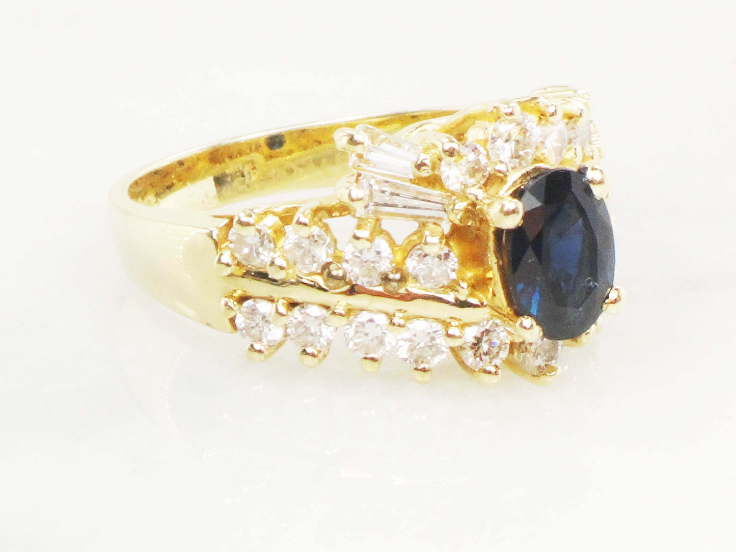 Natural Blue Sapphire and Diamond Ring - Vintage 14k Yellow Gold Oval Blue September Birthstone - Size 5.5 - Circa 1990's