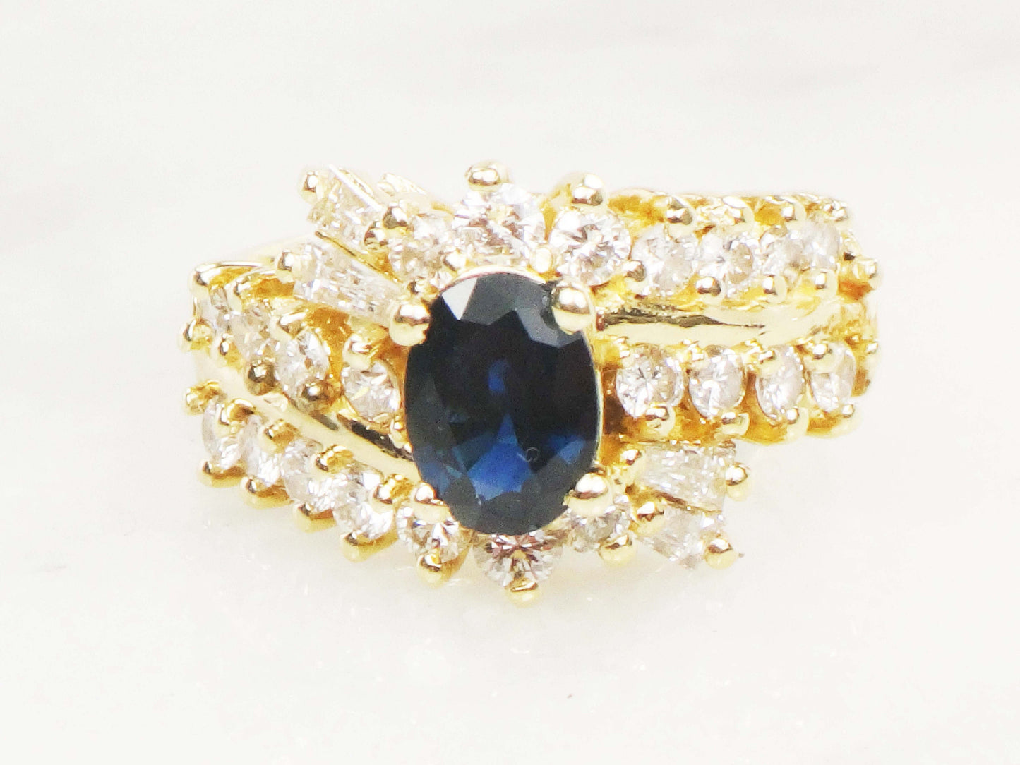 Natural Blue Sapphire and Diamond Ring - Vintage 14k Yellow Gold Oval Blue September Birthstone - Size 5.5 - Circa 1990's