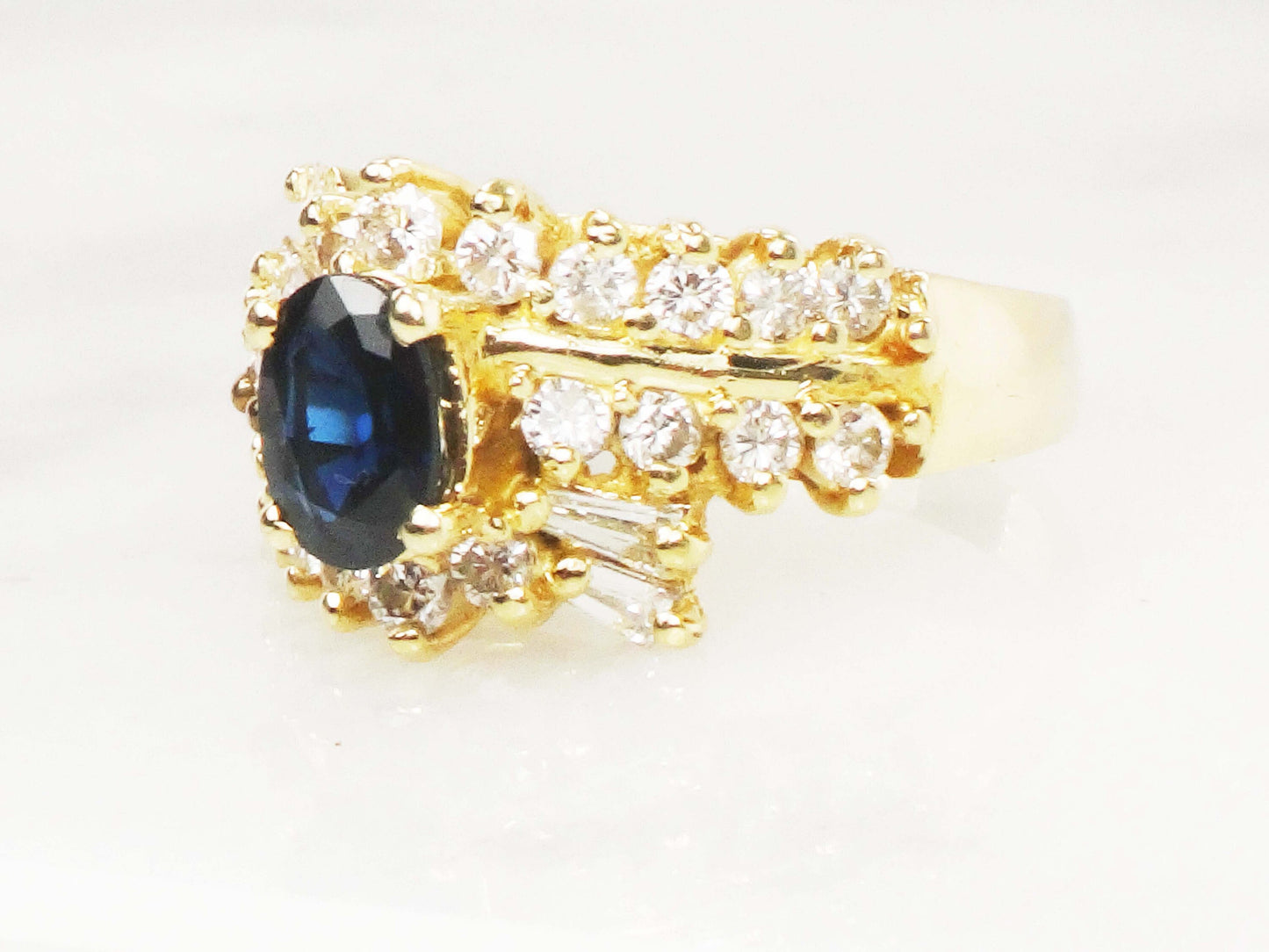 Natural Blue Sapphire and Diamond Ring - Vintage 14k Yellow Gold Oval Blue September Birthstone - Size 5.5 - Circa 1990's