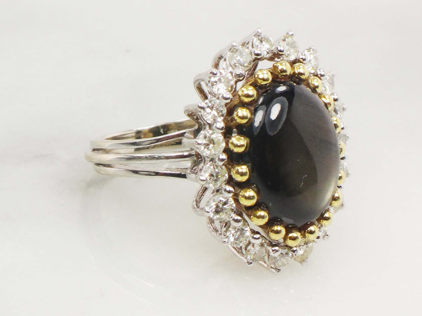 Vintage 13 CT Natural Black Star Sapphire Ring with Diamond Halo 14k Two Tone Gold Ring Size 5.25