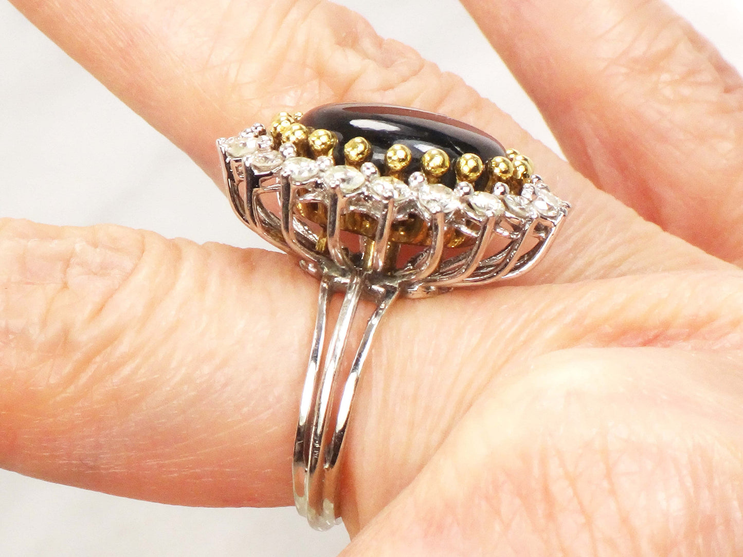 Vintage 13 CT Natural Black Star Sapphire Ring with Diamond Halo 14k Two Tone Gold Ring Size 5.25