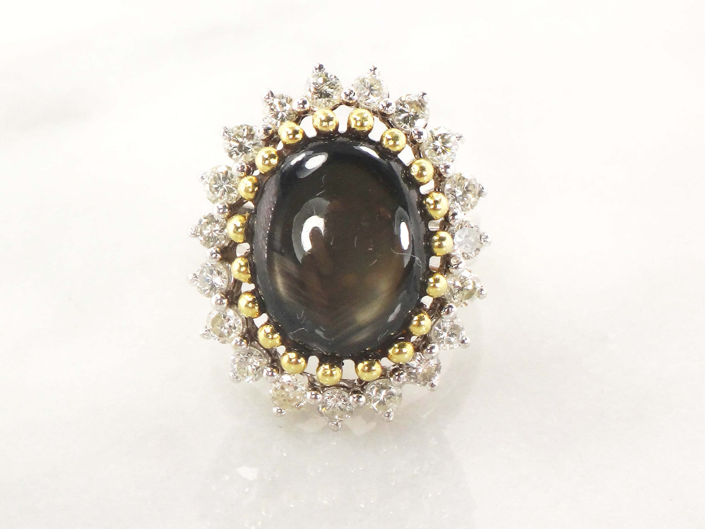 Vintage 13 CT Natural Black Star Sapphire Ring with Diamond Halo 14k Two Tone Gold Ring Size 5.25
