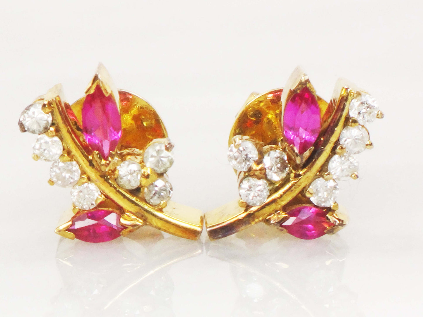 Vintage 14k Yellow Gold Ruby and Diamond Earrings, Fancy Floral Stud Earrings with July Birthstone