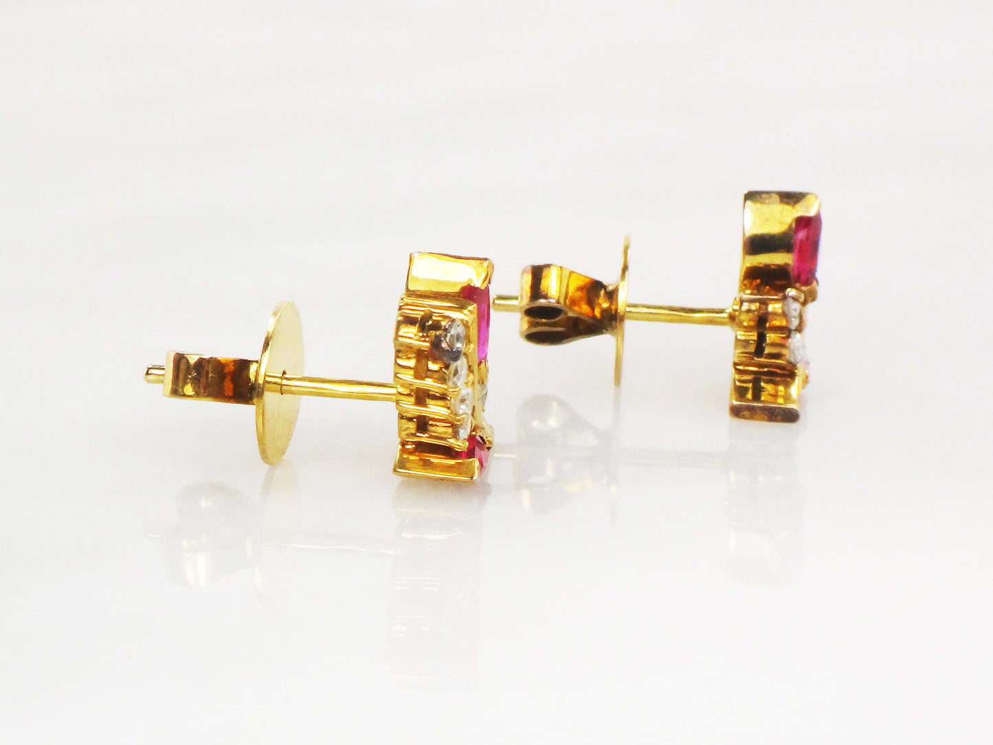 Vintage 14k Yellow Gold Ruby and Diamond Earrings, Fancy Floral Stud Earrings with July Birthstone