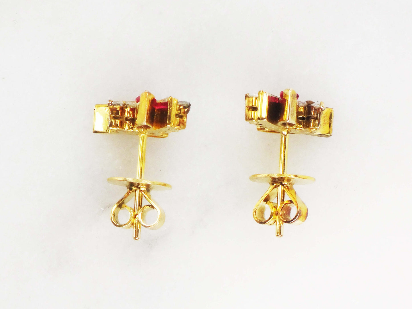 Vintage 14k Yellow Gold Ruby and Diamond Earrings, Fancy Floral Stud Earrings with July Birthstone