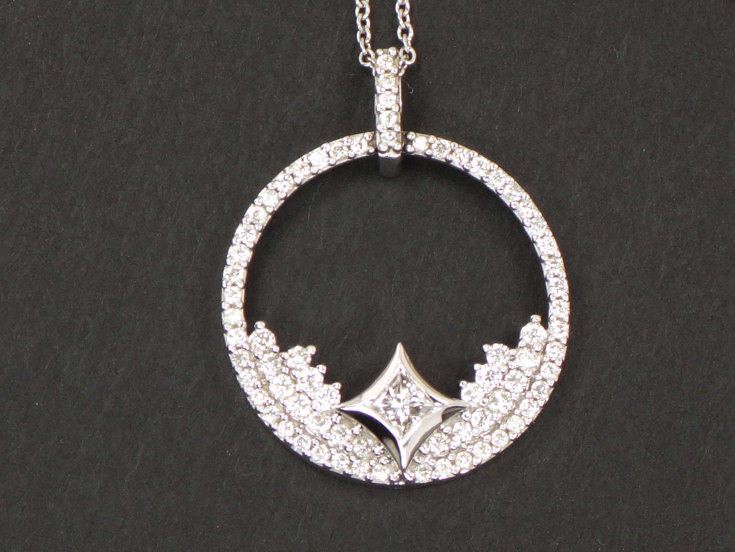 Vintage 14k Gold Natural Diamond Circle Necklace 1 CT TDW Diamond Star Design Pendant White Gold Round Diamond Necklace 18" Bridal