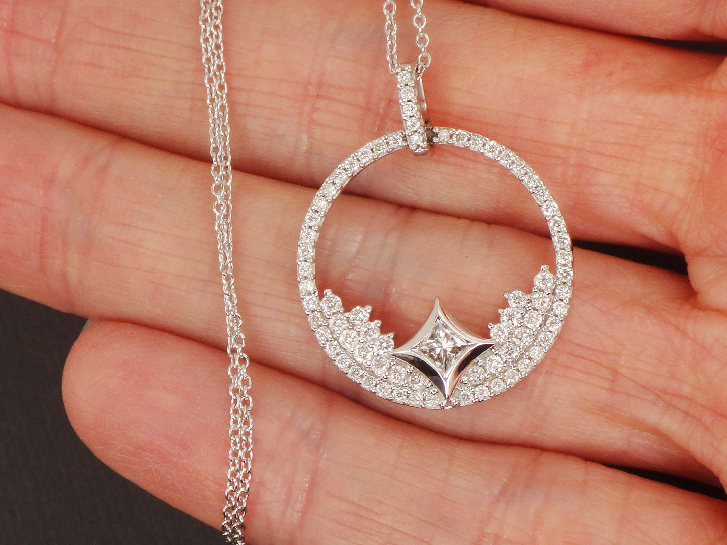 Vintage 14k Gold Natural Diamond Circle Necklace 1 CT TDW Diamond Star Design Pendant White Gold Round Diamond Necklace 18" Bridal