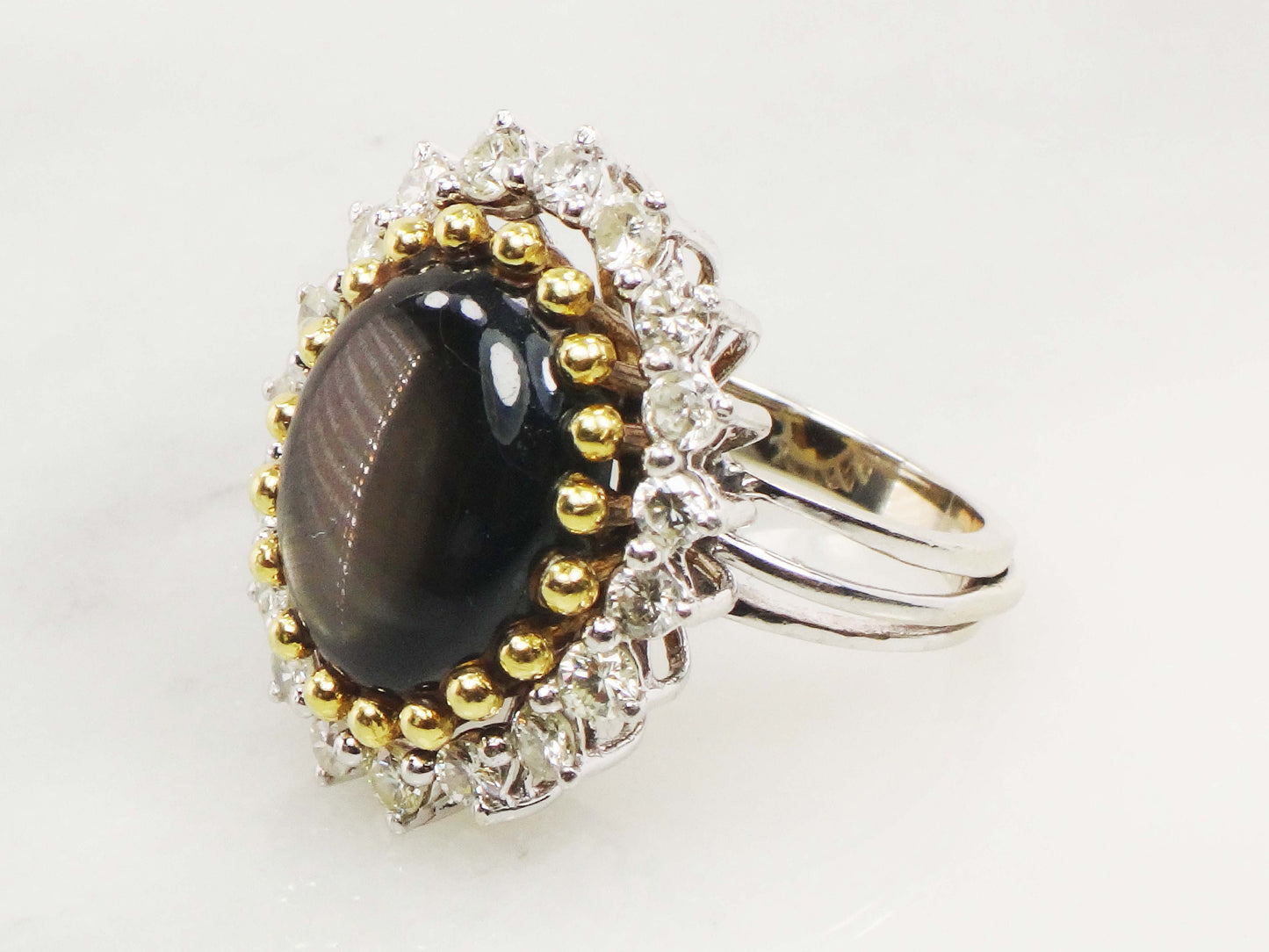Vintage 13 CT Natural Black Star Sapphire Ring with Diamond Halo 14k Two Tone Gold Ring Size 5.25