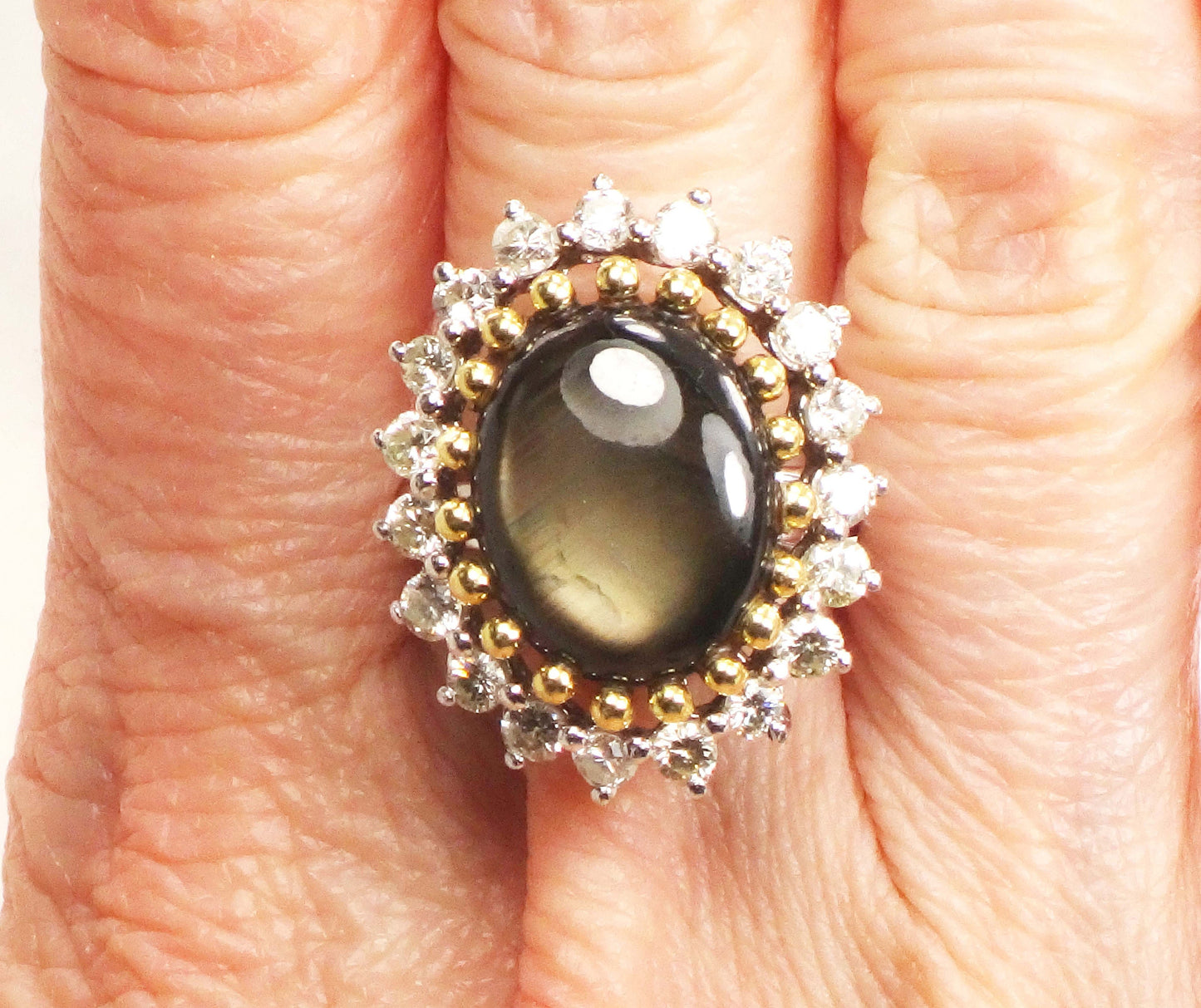 Vintage 13 CT Natural Black Star Sapphire Ring with Diamond Halo 14k Two Tone Gold Ring Size 5.25