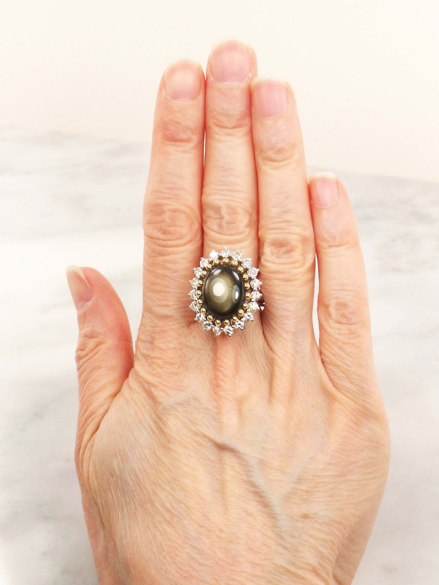 Vintage Black Star Sapphire Ring: Diamond Halo, 14k Two-Tone Gold, Size 5.25