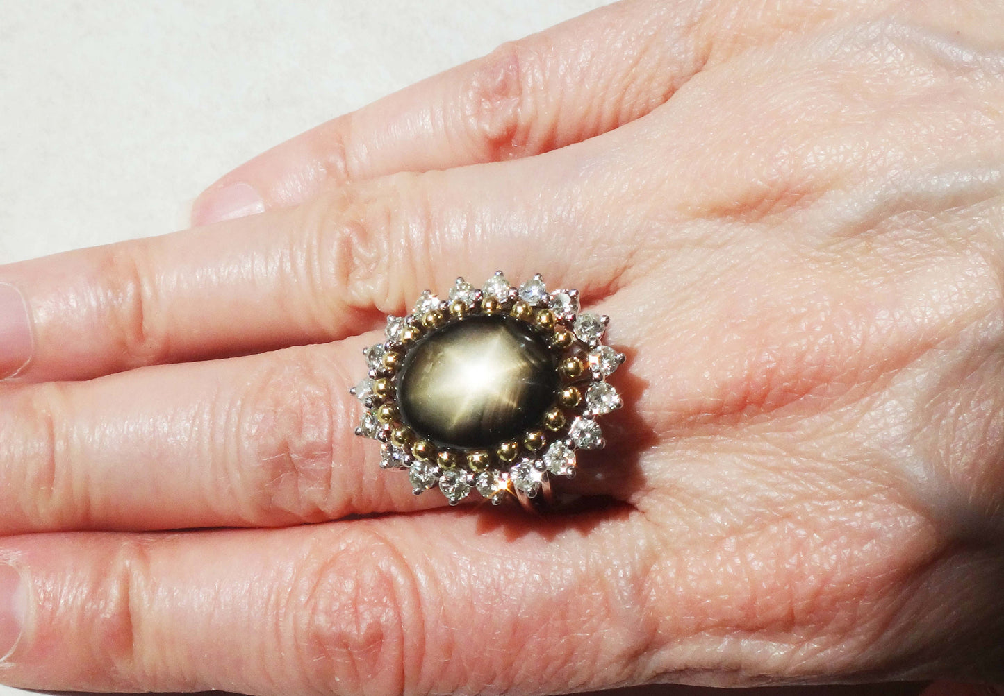 Vintage 13 CT Natural Black Star Sapphire Ring with Diamond Halo 14k Two Tone Gold Ring Size 5.25