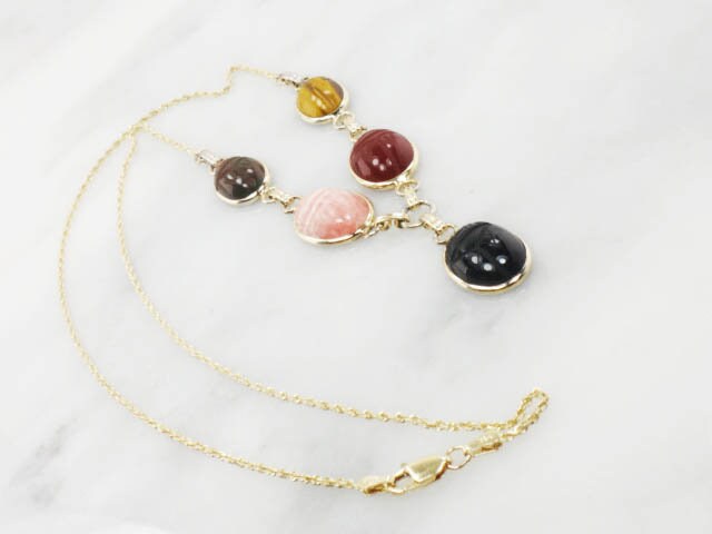 Vintage 14k and Gold Filled Scarab Necklace Bracelet Conversion Necklace with Tiger Eye & Quartz - Carved Stone Necklace 21"