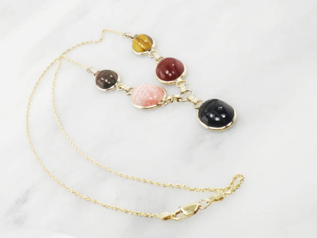 Vintage 14k and Gold Filled Scarab Necklace with Tiger Eye & Quartz (21")