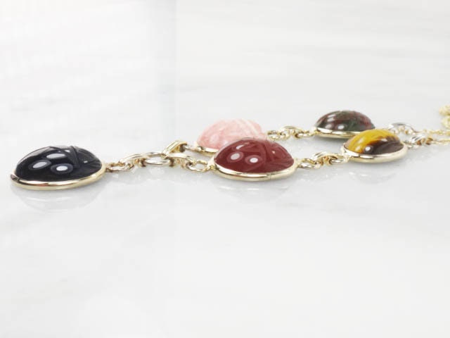 Vintage 14k and Gold Filled Scarab Necklace Bracelet Conversion Necklace with Tiger Eye & Quartz - Carved Stone Necklace 21"