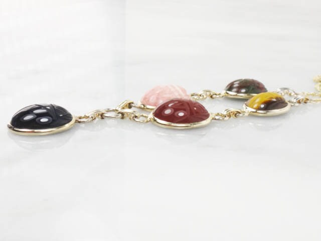 Vintage 14k and Gold Filled Scarab Necklace with Tiger Eye & Quartz (21")