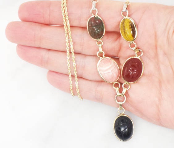 Vintage 14k and Gold Filled Scarab Necklace Bracelet Conversion Necklace with Tiger Eye & Quartz - Carved Stone Necklace 21"