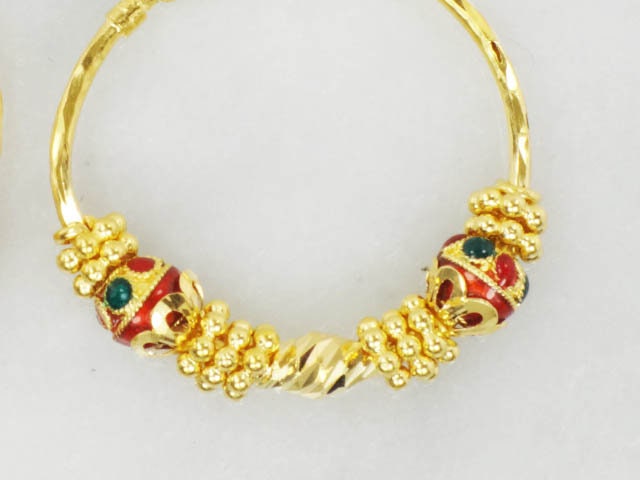 Vintage 22k Gold Hoop Earrings: Red & Green Enamel, Fancy Beads