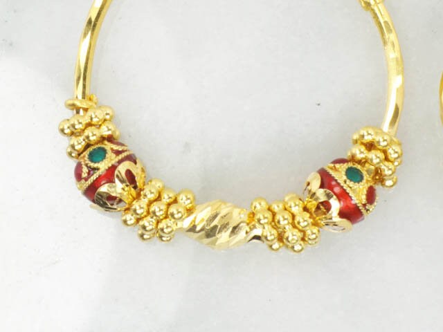 Vintage 22k Yellow Gold Hoop Earrings Fancy Earrings with Red and Green Enamel - 1 3/8"
