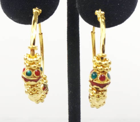 Vintage 22k Yellow Gold Hoop Earrings Fancy Earrings with Red and Green Enamel - 1 3/8"